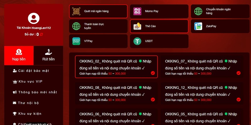Các bước nạp tiền OKKING nhanh chóng